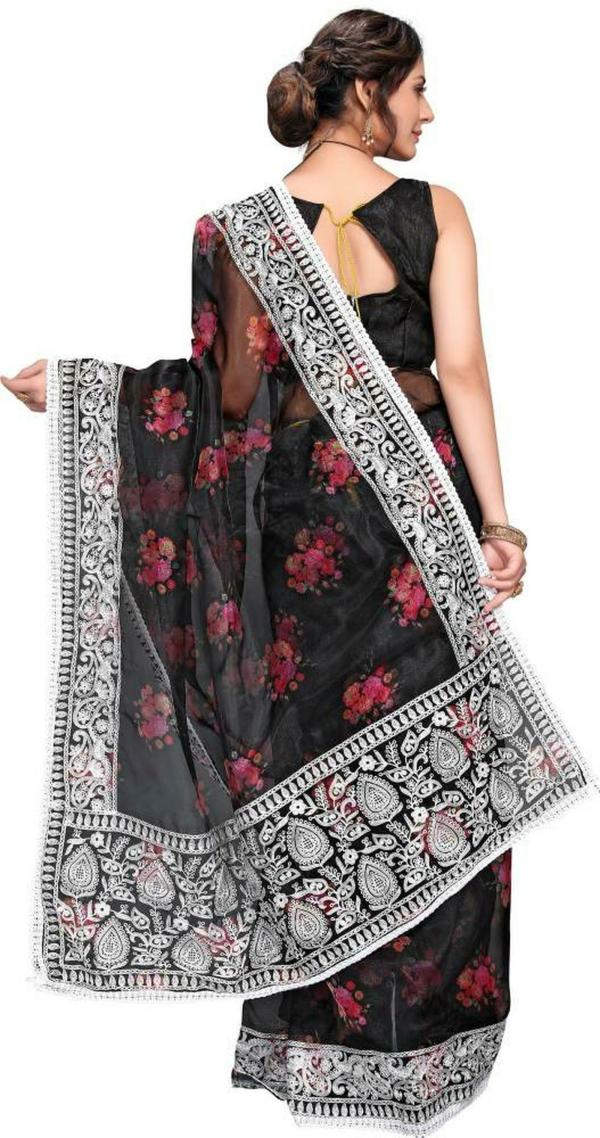 Slyvie - Beautiful white boarded Saree with flower patters