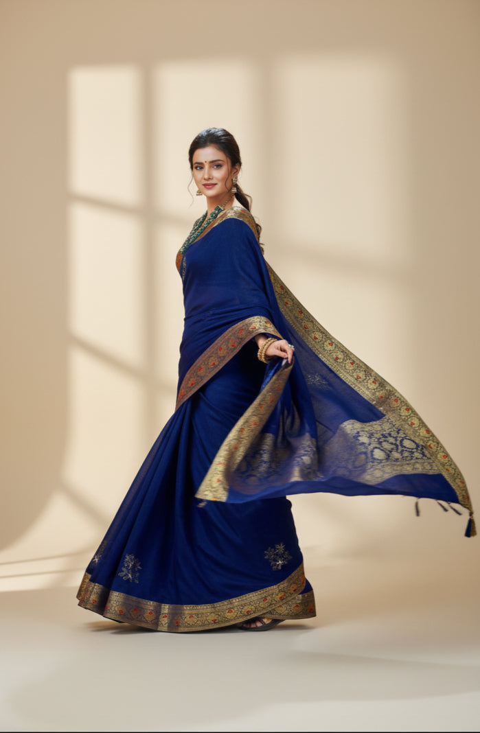 Kalki - Gold Boarded Navy Saree