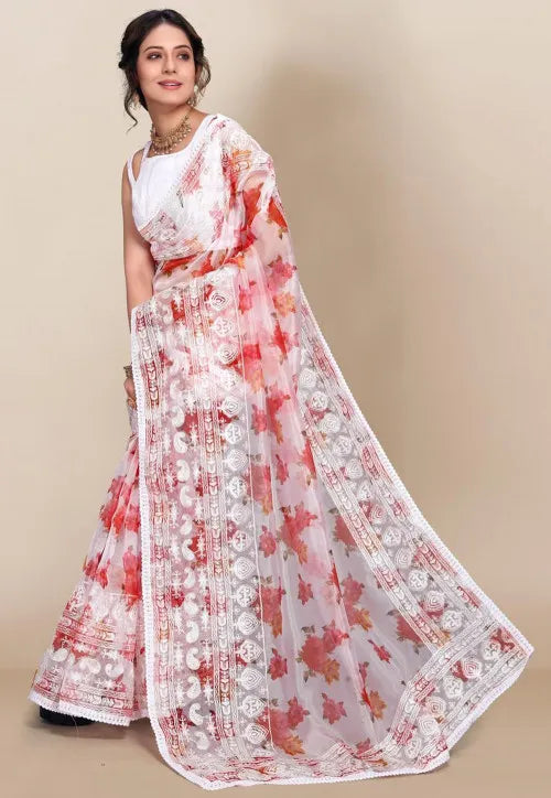 Slyvie - White Bordered flower patterned Saree