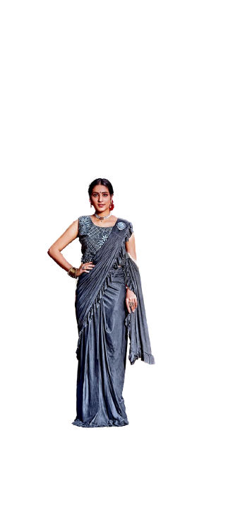 Omega - Ready made Flowered Blouse, Plain grey Saree