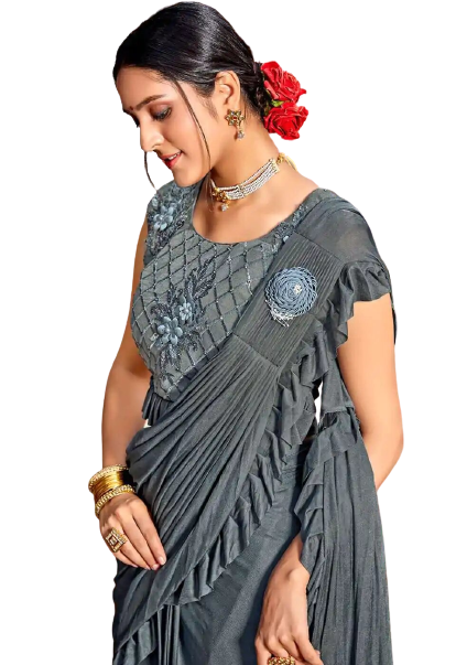 Omega - Ready made Flowered Blouse, Plain grey Saree