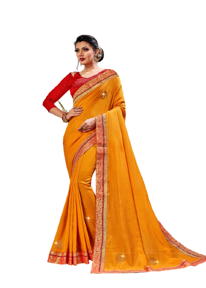 Kalki – Orangefarbener Saree mit Goldbrett