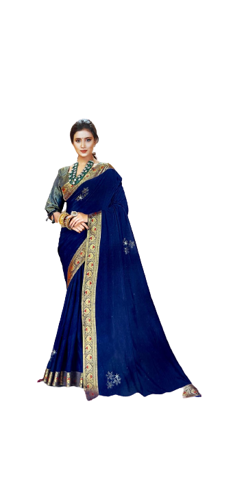 Kalki – Marineblauer Saree mit Goldborte