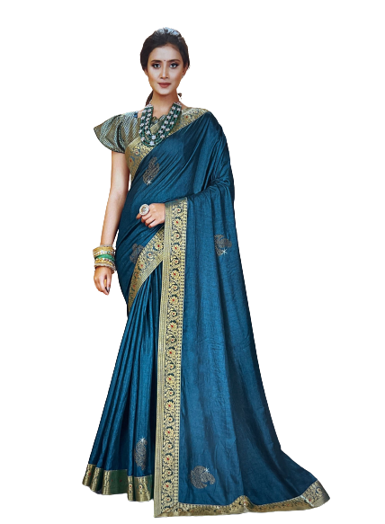 Kalki - Gold boarded Turquoise Saree